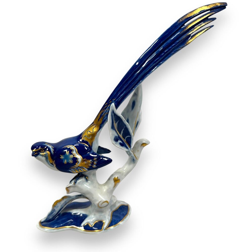 Vintage Rosenthal Paradieswitwe Bird Figurine Blue white‎ & Gold Porcelain 10.5"